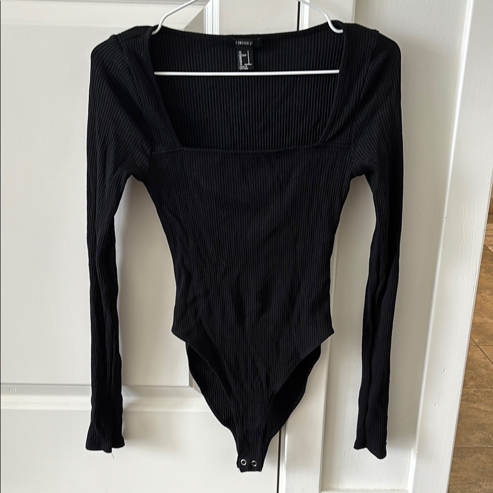 Forever 21 Black Long Sleeve Bodysuit square neck